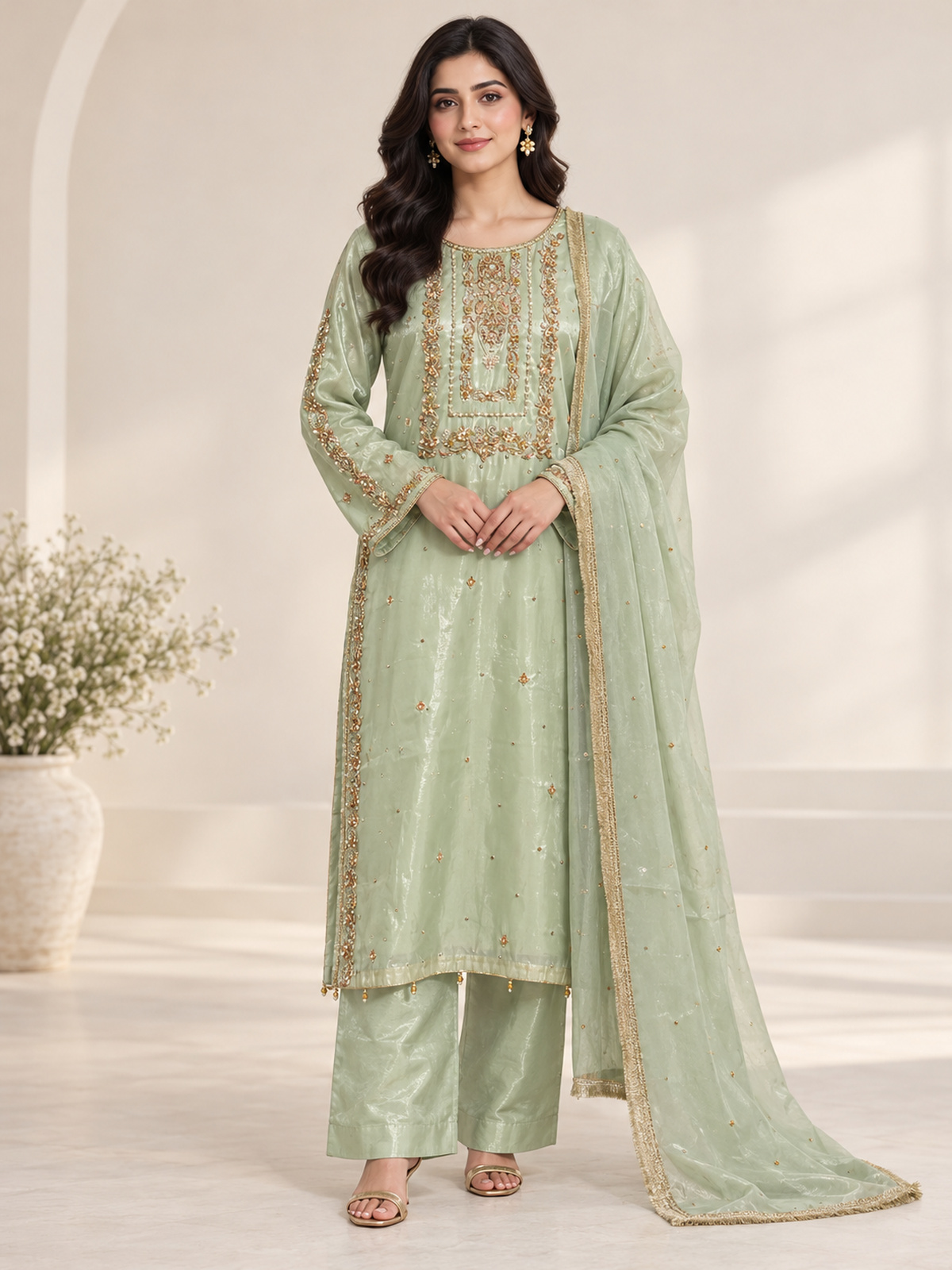 A pistachio green ensemble with a framed embroidered bib, scattered motifs and decorative sleeve bands.