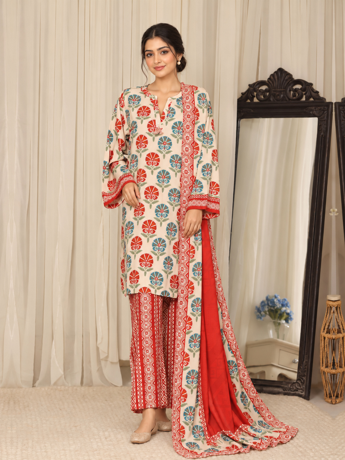 An ivory shirt with red and green ornamental motifs, red patterned trousers and a coordinating bordered dupatta.
