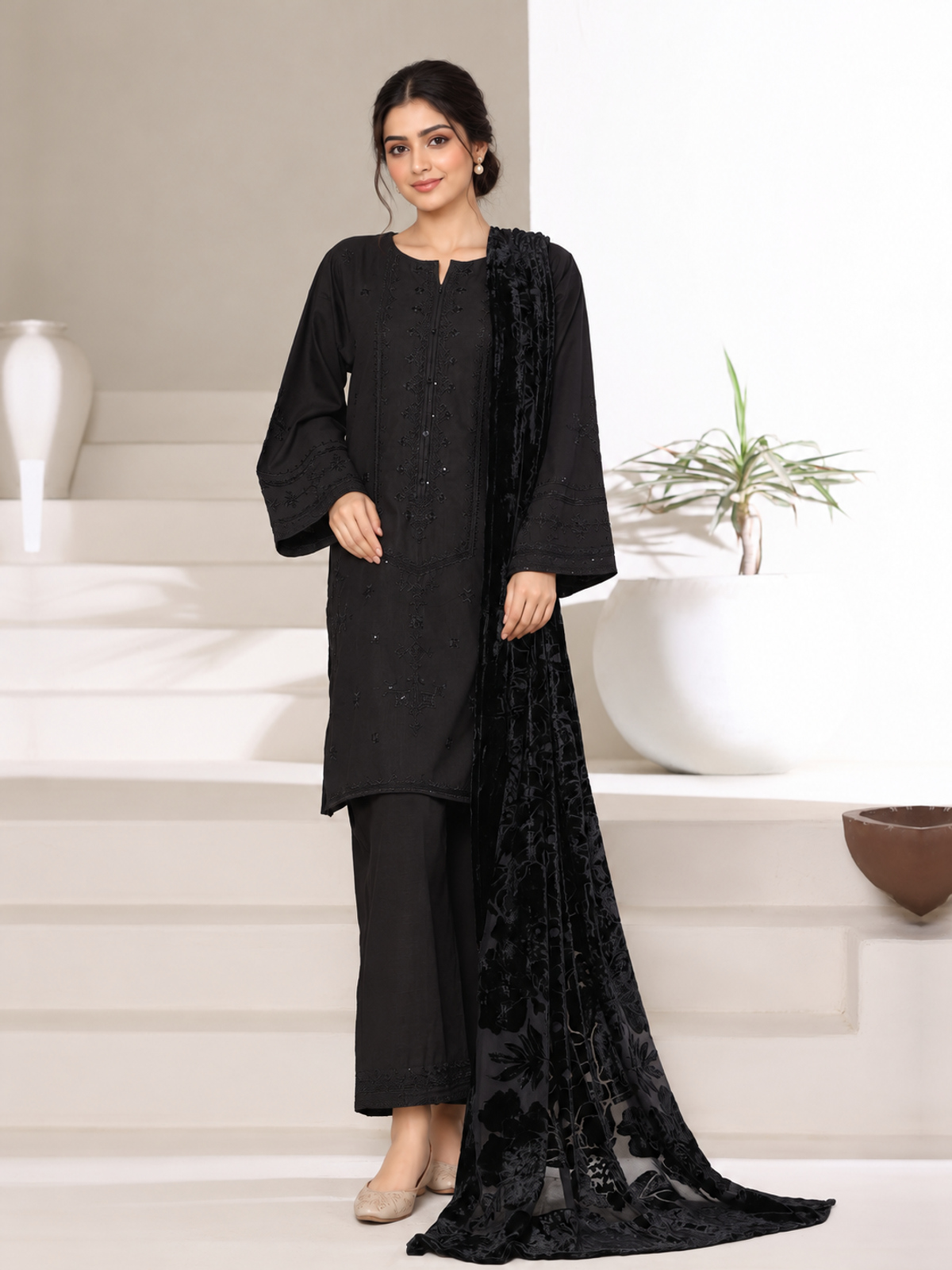 A black ensemble with tonal embroidery, matching trousers and a black patterned palachhi shawl.