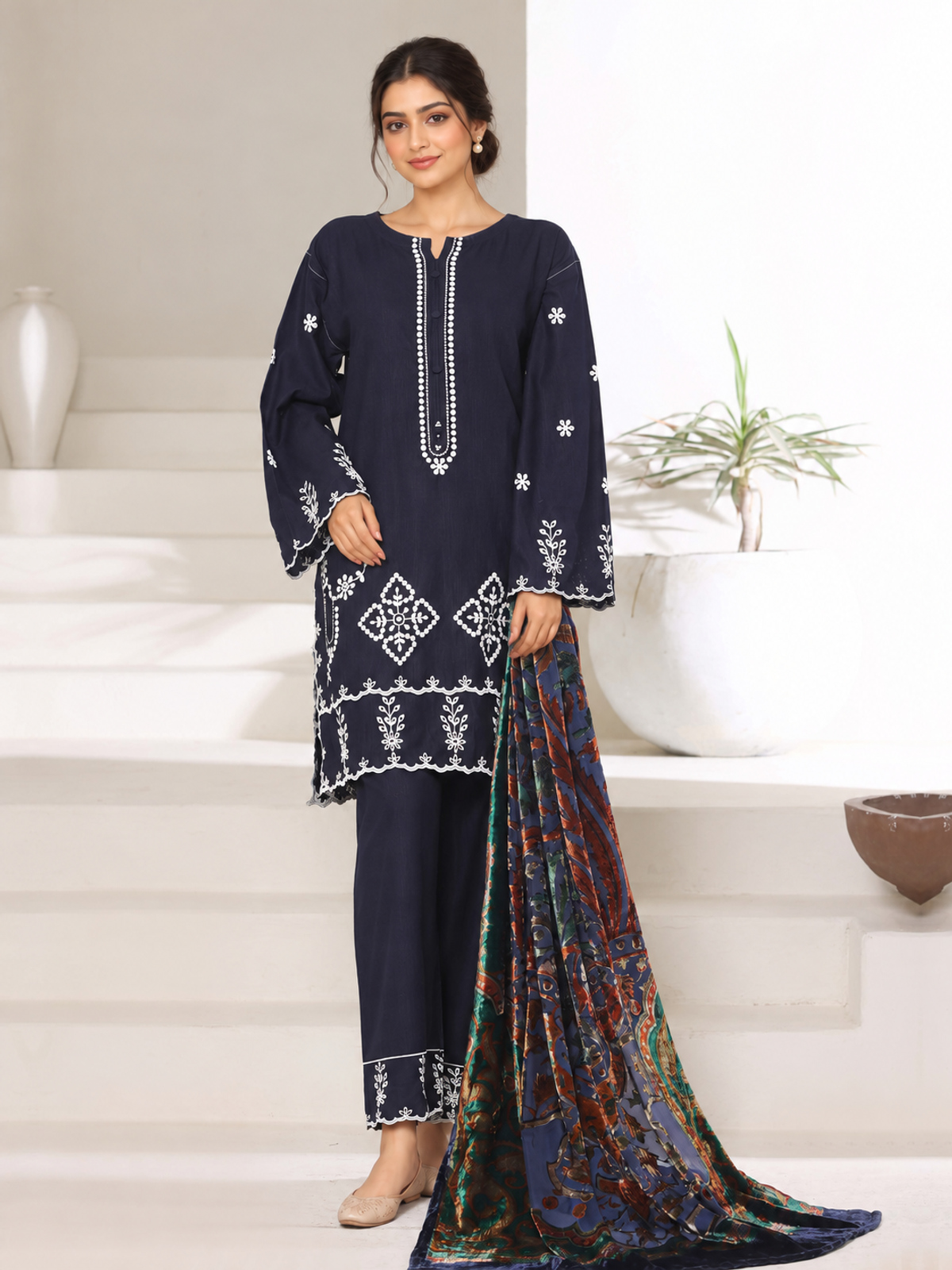 A navy ensemble with contrasting pale embroidery, matching trousers and a multicolour patterned palachhi shawl.