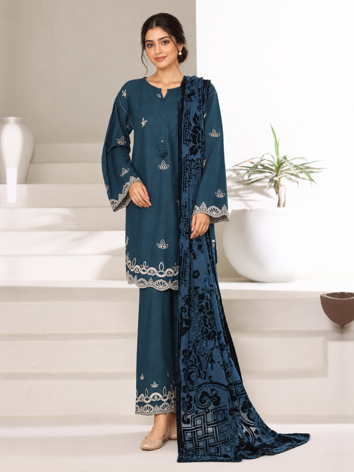 A deep-teal ensemble with contrasting pale embroidery, matching trousers and a patterned palachhi shawl.