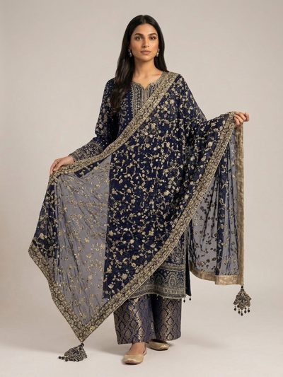 3pc maxi with embroided dupatta