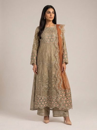 3pc maxi with embroided dupatta