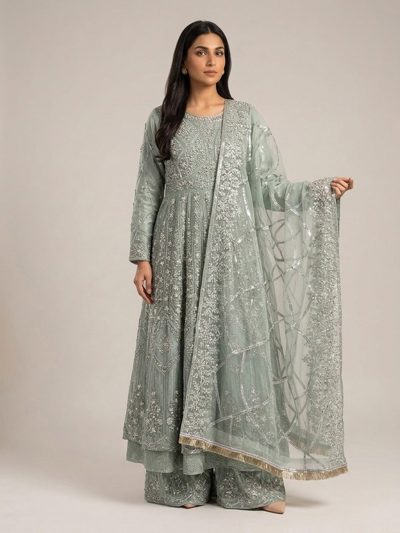 3pc maxi with embroided dupatta