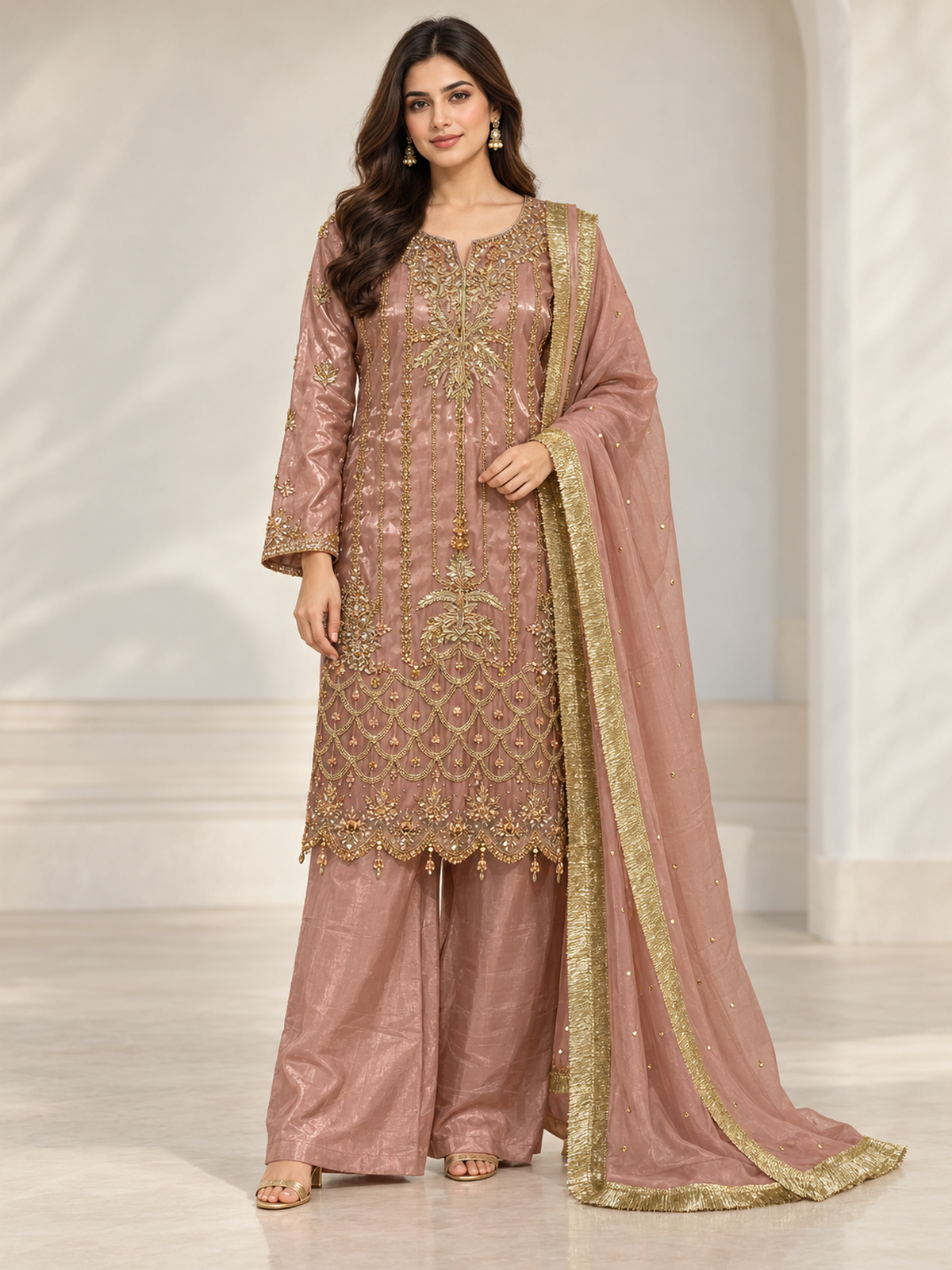 A dusty rose ensemble with a richly embroidered front, decorated…