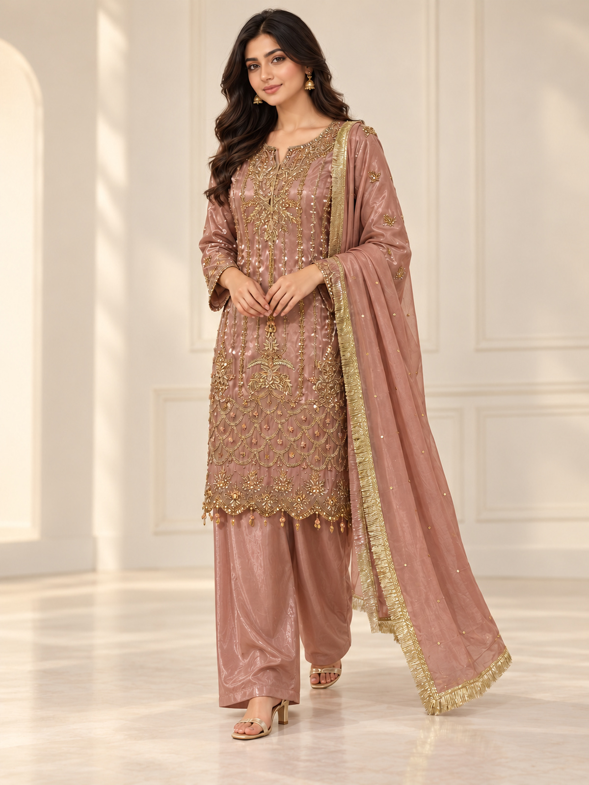 A dusty rose ensemble with a richly embroidered front, decorated…