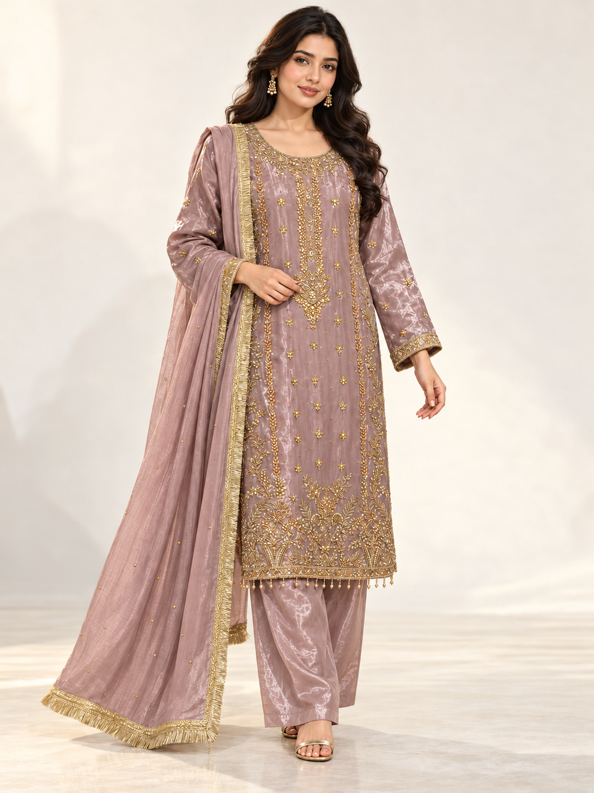 A dusty mauve ensemble with a long gold-toned neckline, vertical…