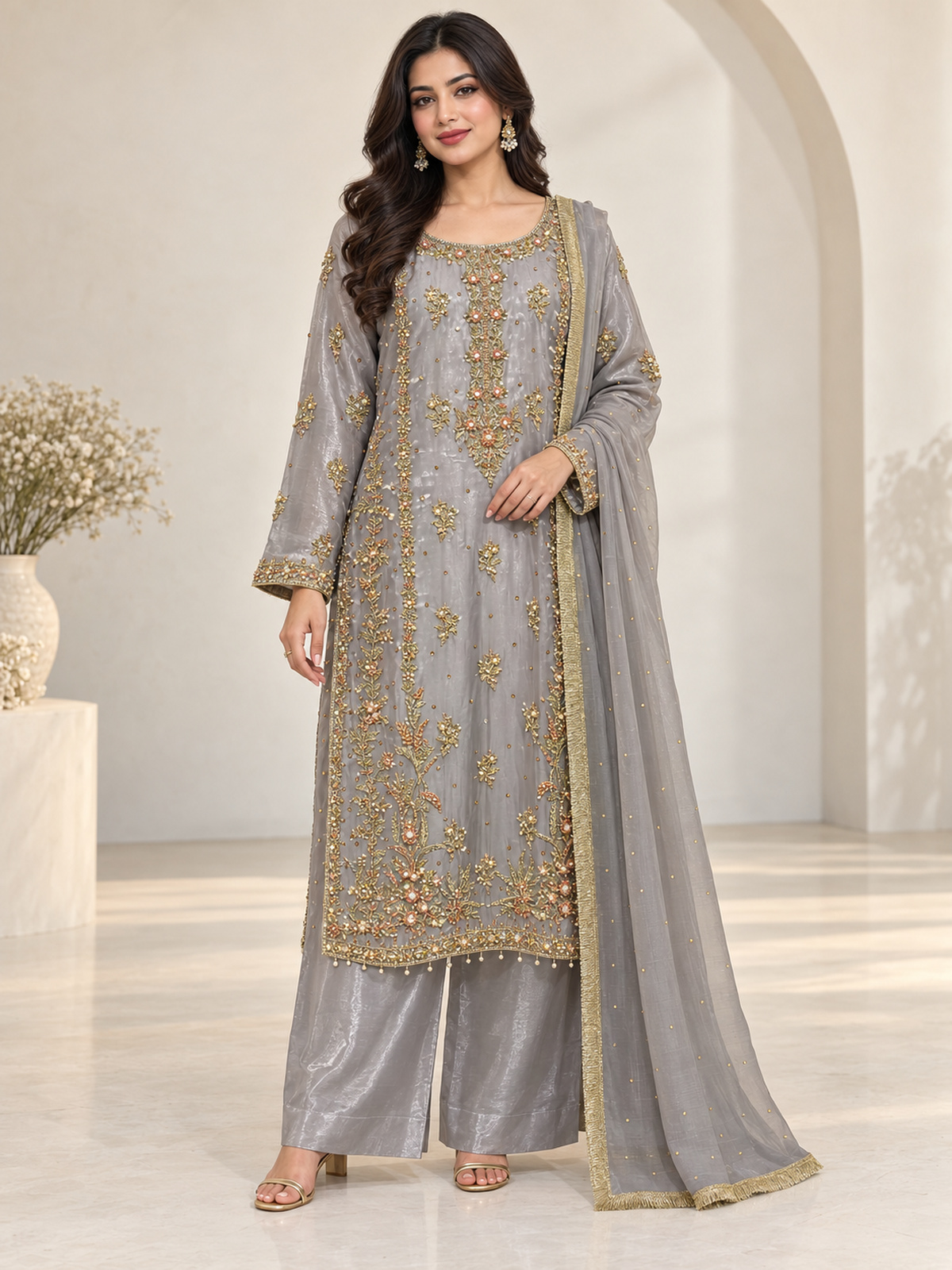 A silver grey ensemble with ornate gold-toned embroidery, decorated…