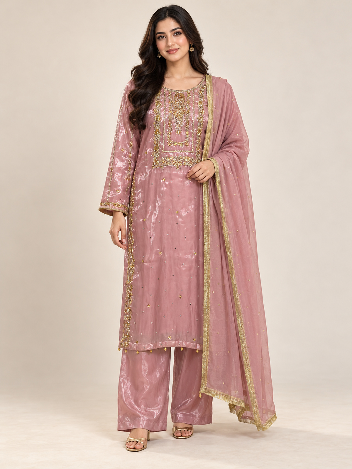 A rose pink ensemble with a rectangular embroidered chest panel and…