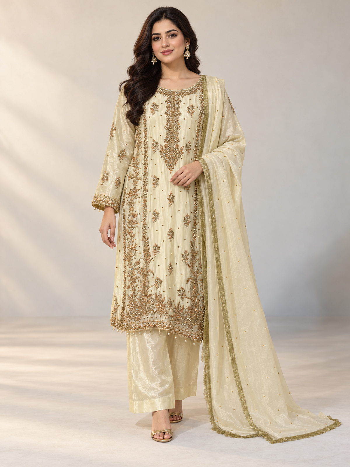 A pale yellow ensemble with dense gold-toned floral panels…