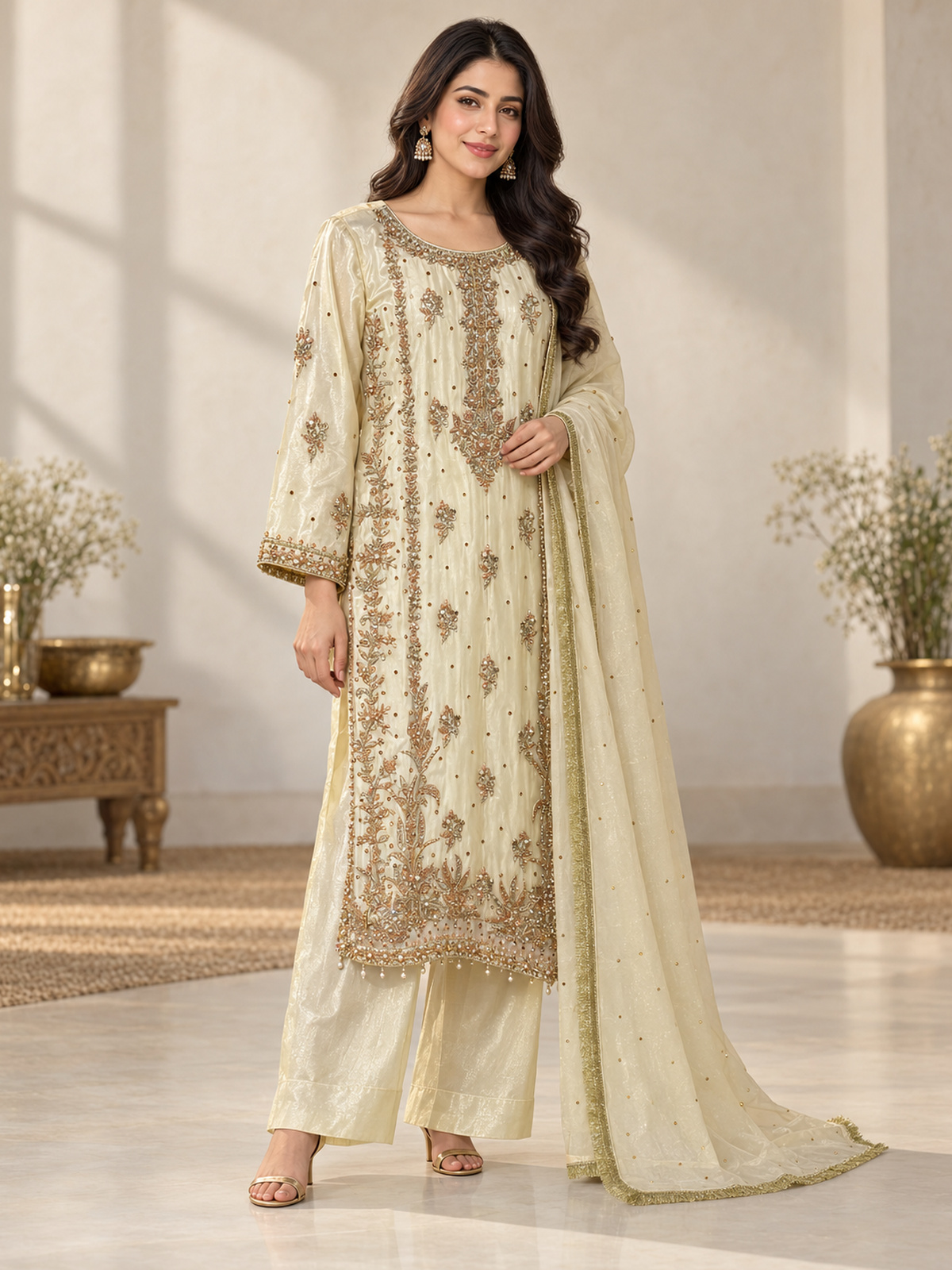 A pale yellow ensemble with dense gold-toned floral panels…