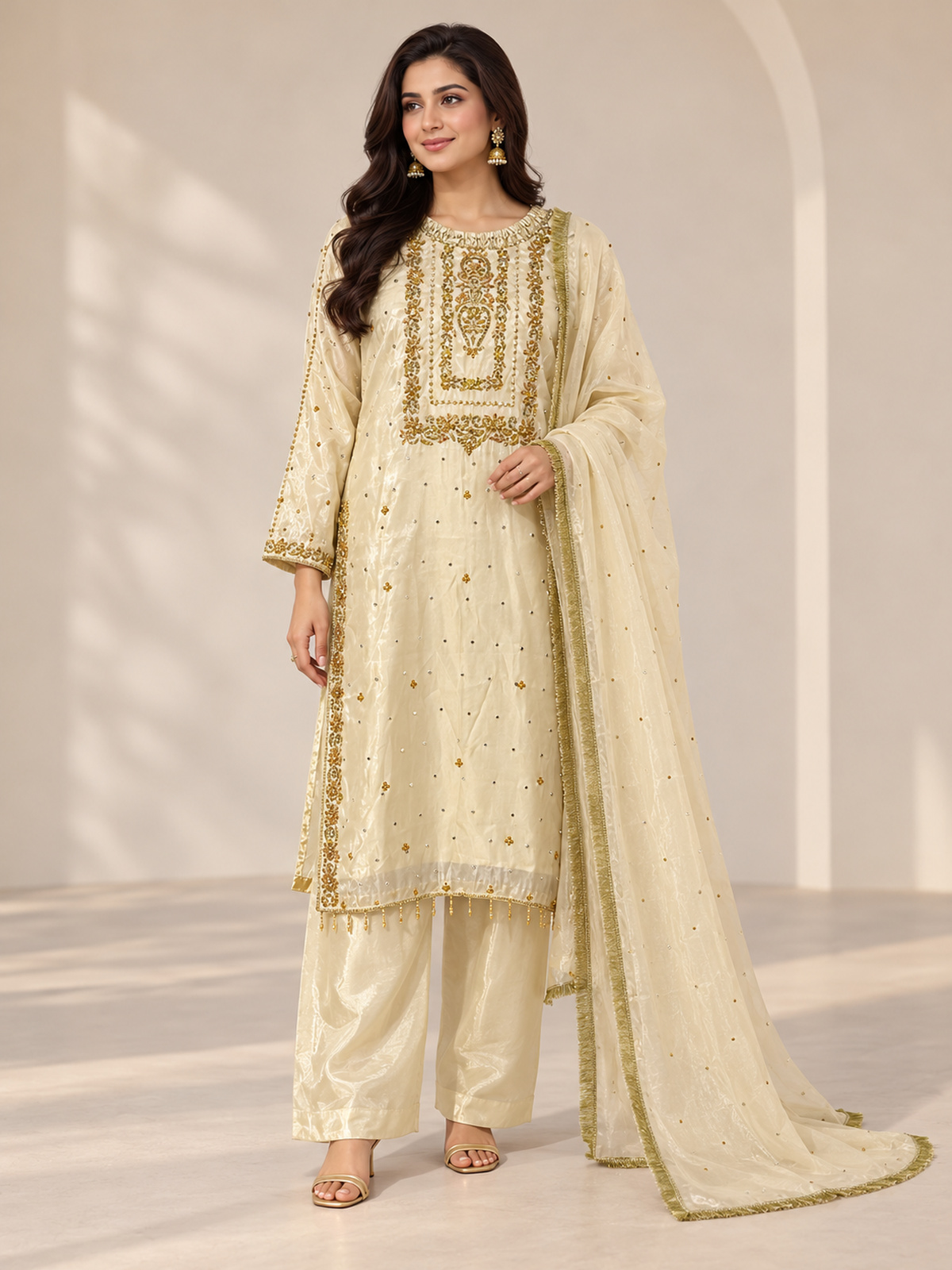 A pale yellow ensemble with a framed embroidered chest panel…