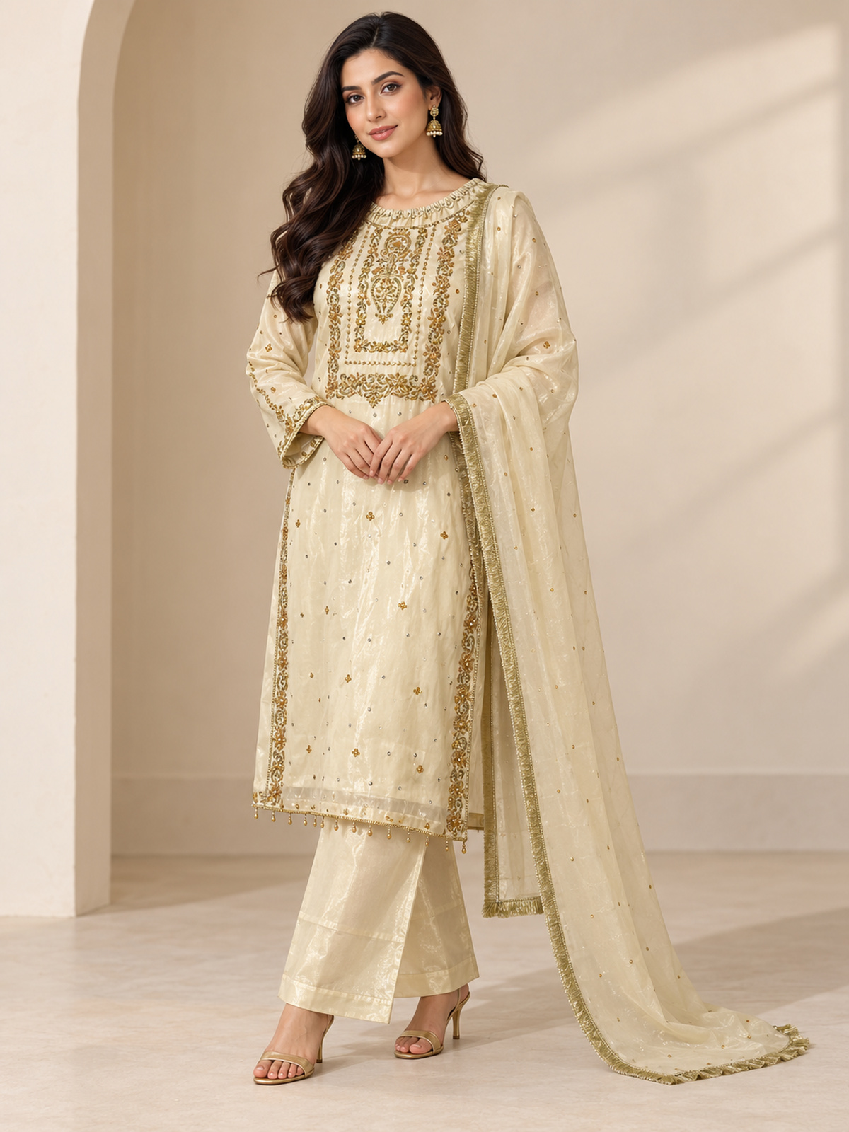 A pale yellow ensemble with a framed embroidered chest panel…