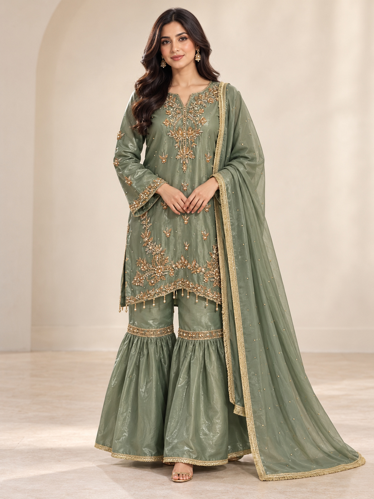 A sage green ensemble with a floral embroidered neckline, ornate…