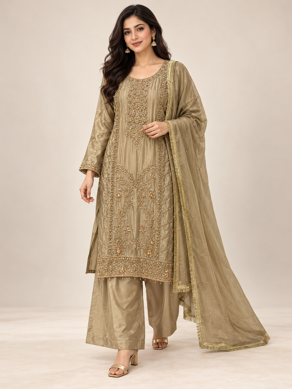An olive gold ensemble with an elongated embroidered neckline, ornate…