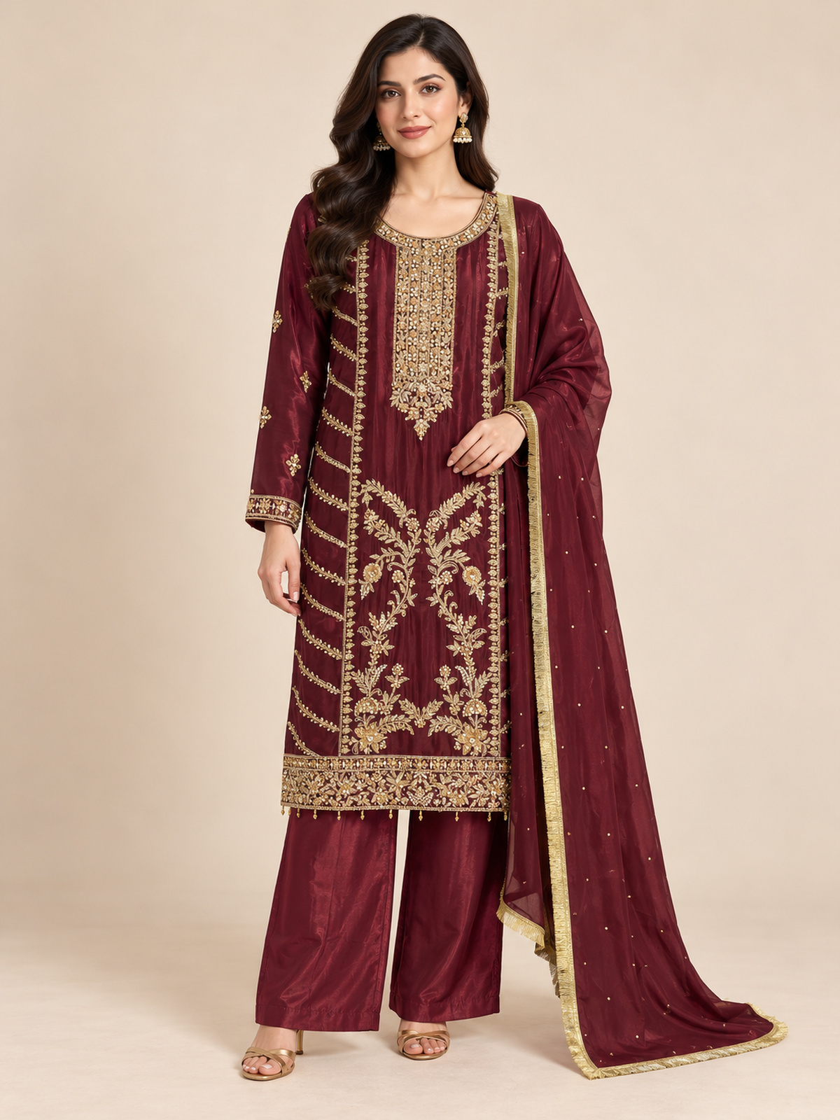 A deep burgundy ensemble with bold gold-toned geometric embroidery…