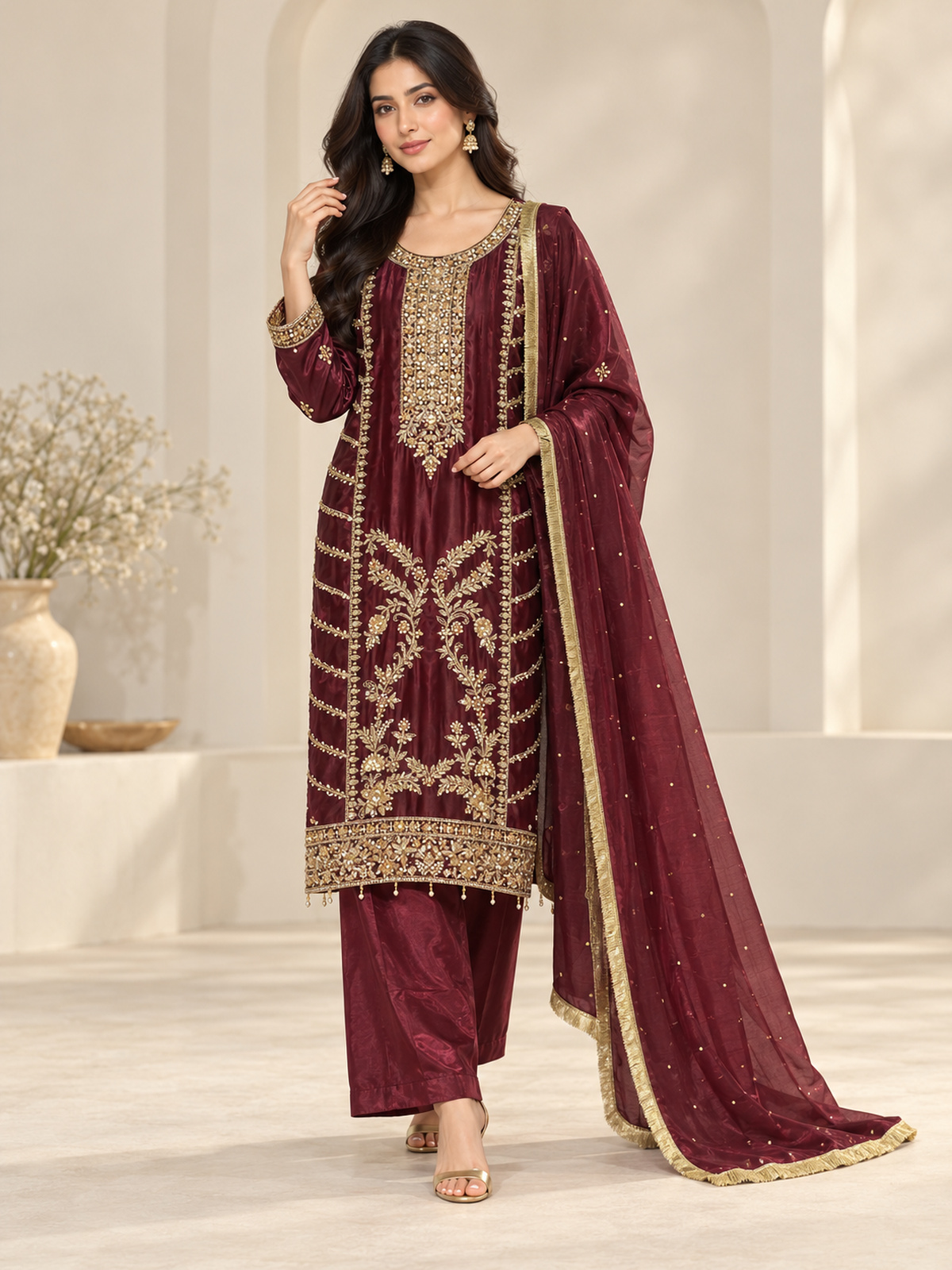 A deep burgundy ensemble with bold gold-toned geometric embroidery…