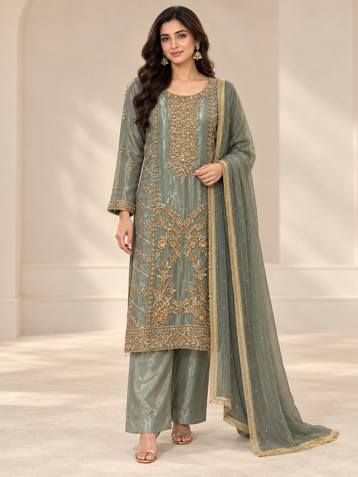 A sage grey ensemble with a long ornate neckline, floral border…