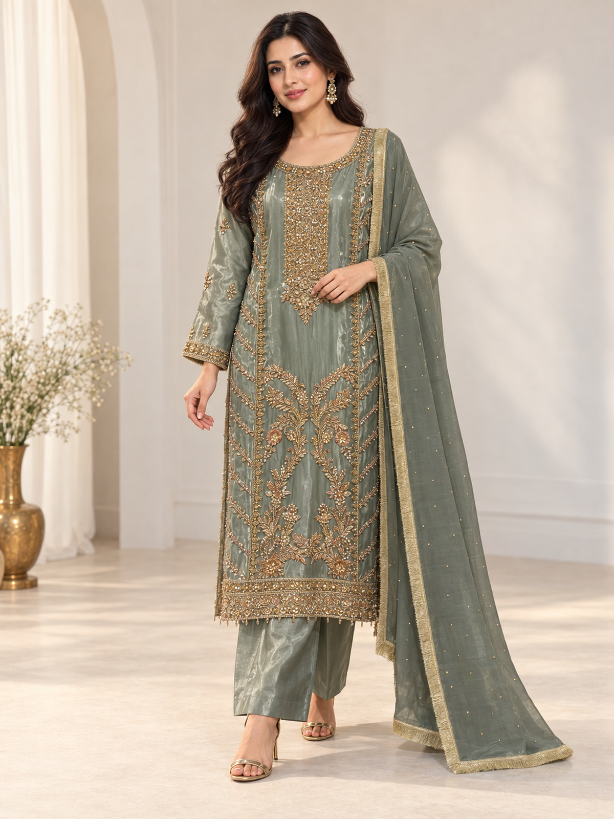 A sage grey ensemble with a long ornate neckline, floral border…