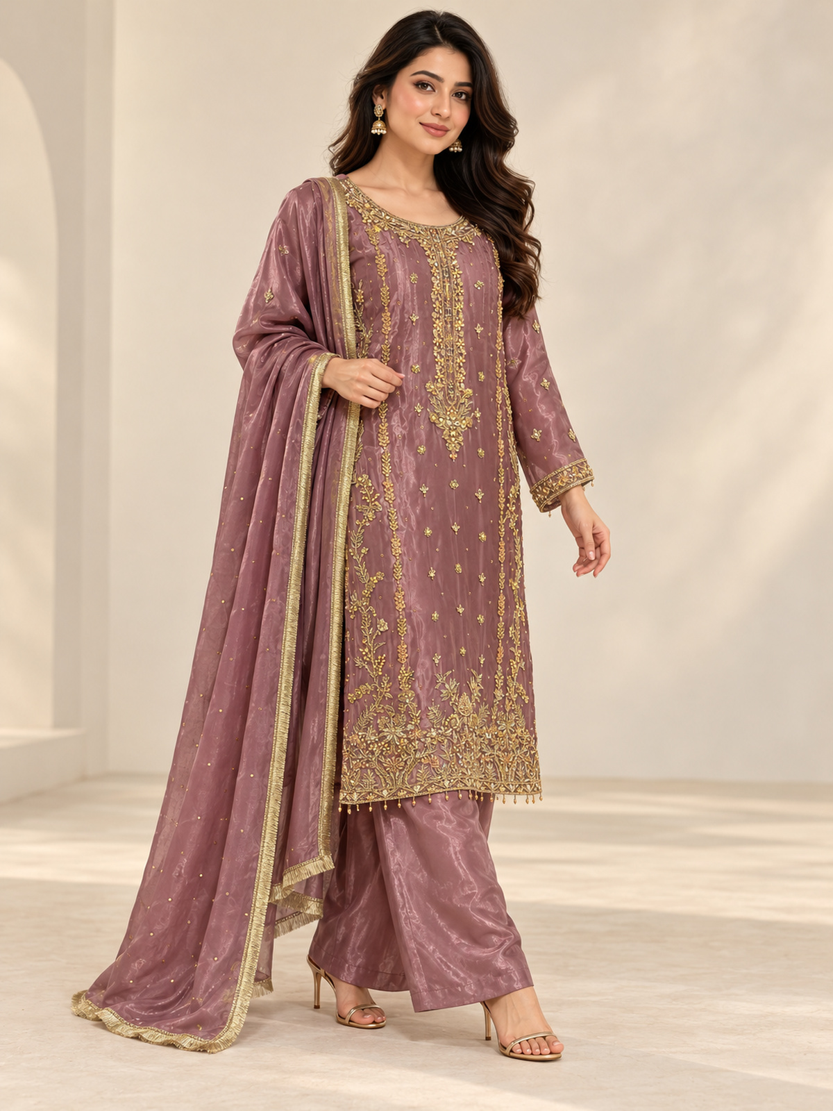 A mauve ensemble with elongated gold-toned neckline embroidery…