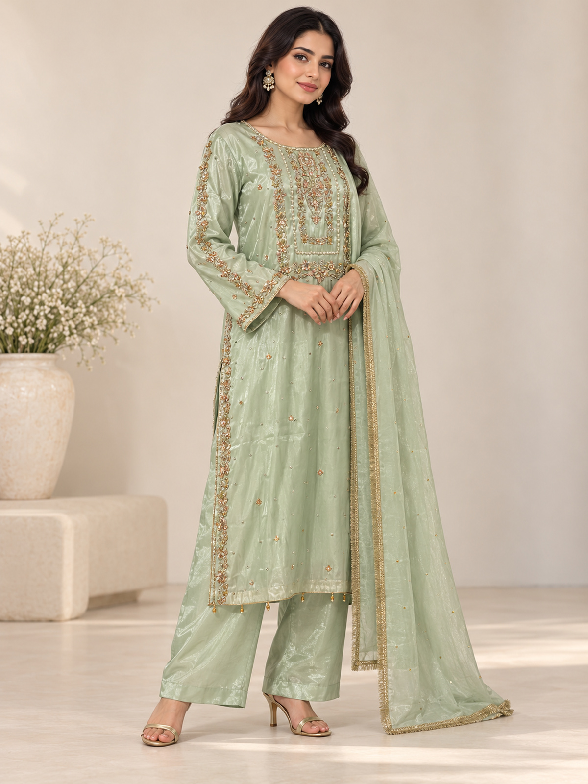 A pistachio green ensemble with a framed embroidered bib, scattered…