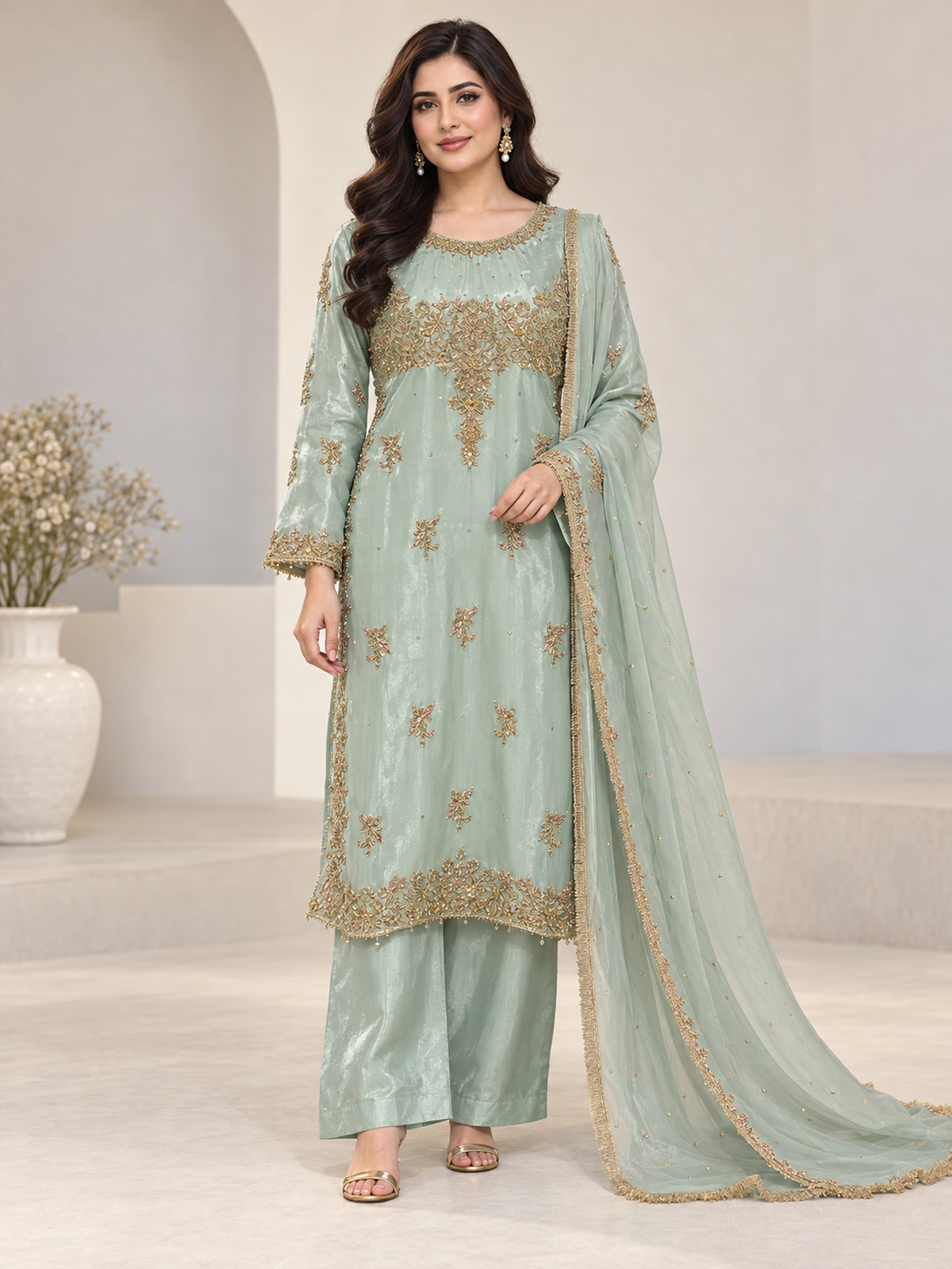 An aqua mint ensemble with a wide embroidered floral yoke, scattered…