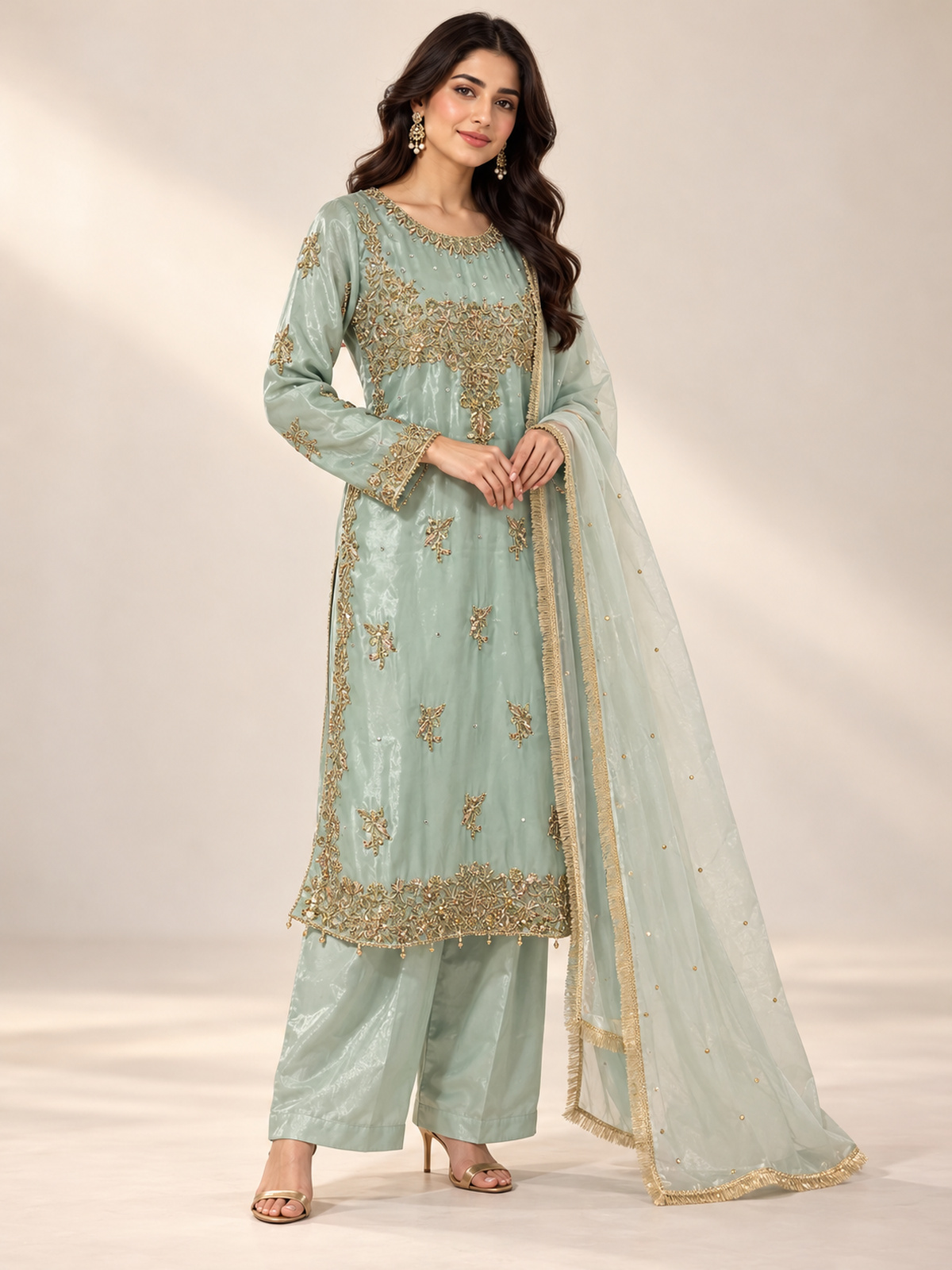 An aqua mint ensemble with a wide embroidered floral yoke, scattered…