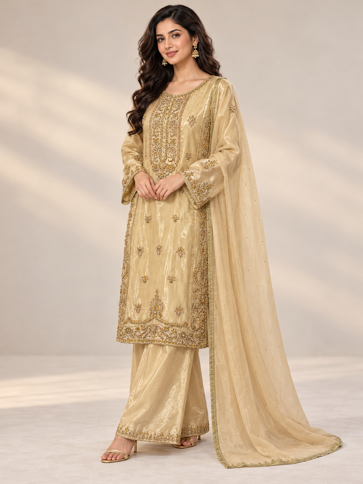 A champagne gold ensemble with an ornate embroidered neckline…
