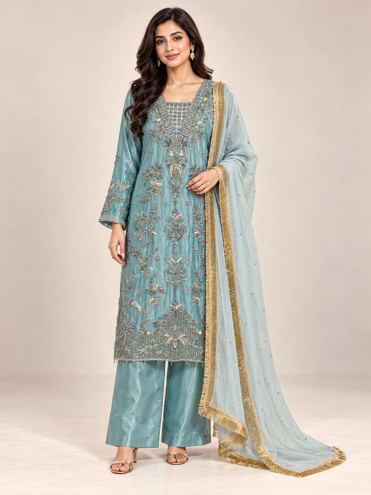 A lustrous aqua blue shirt with ornate gold-toned embroidery…