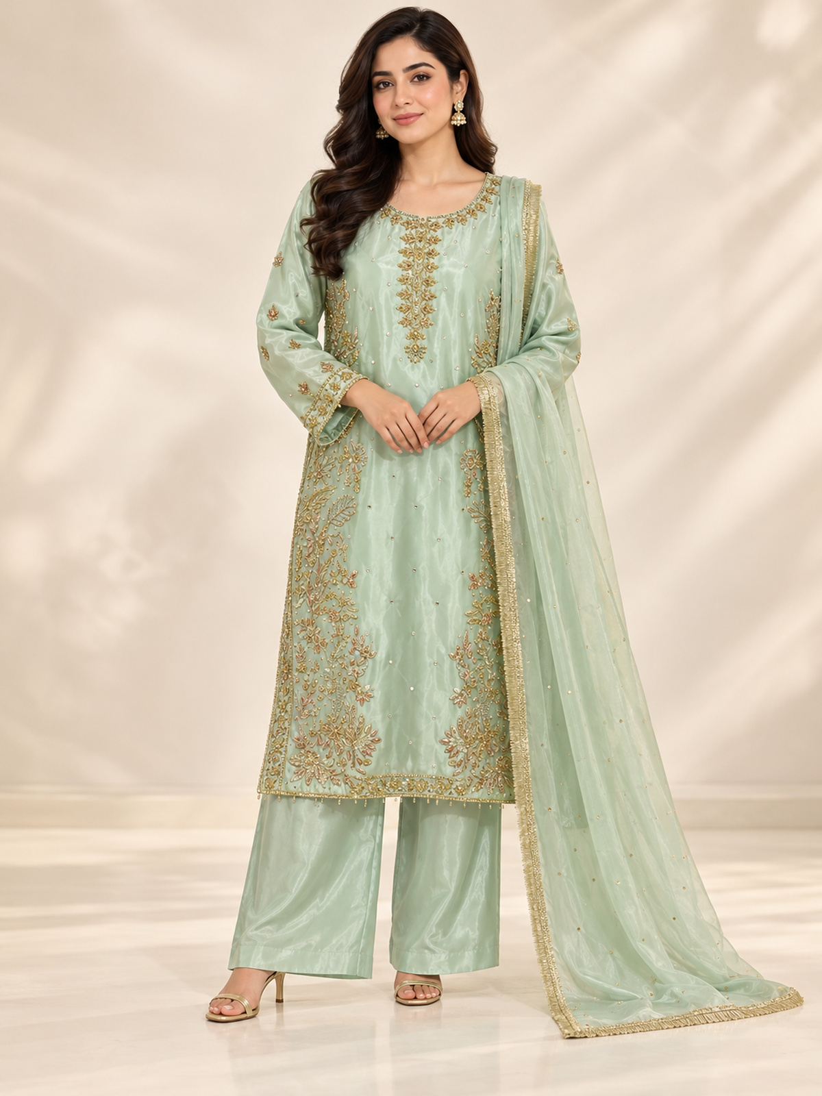 A pale mint ensemble with a decorative neckline, long embroidered…