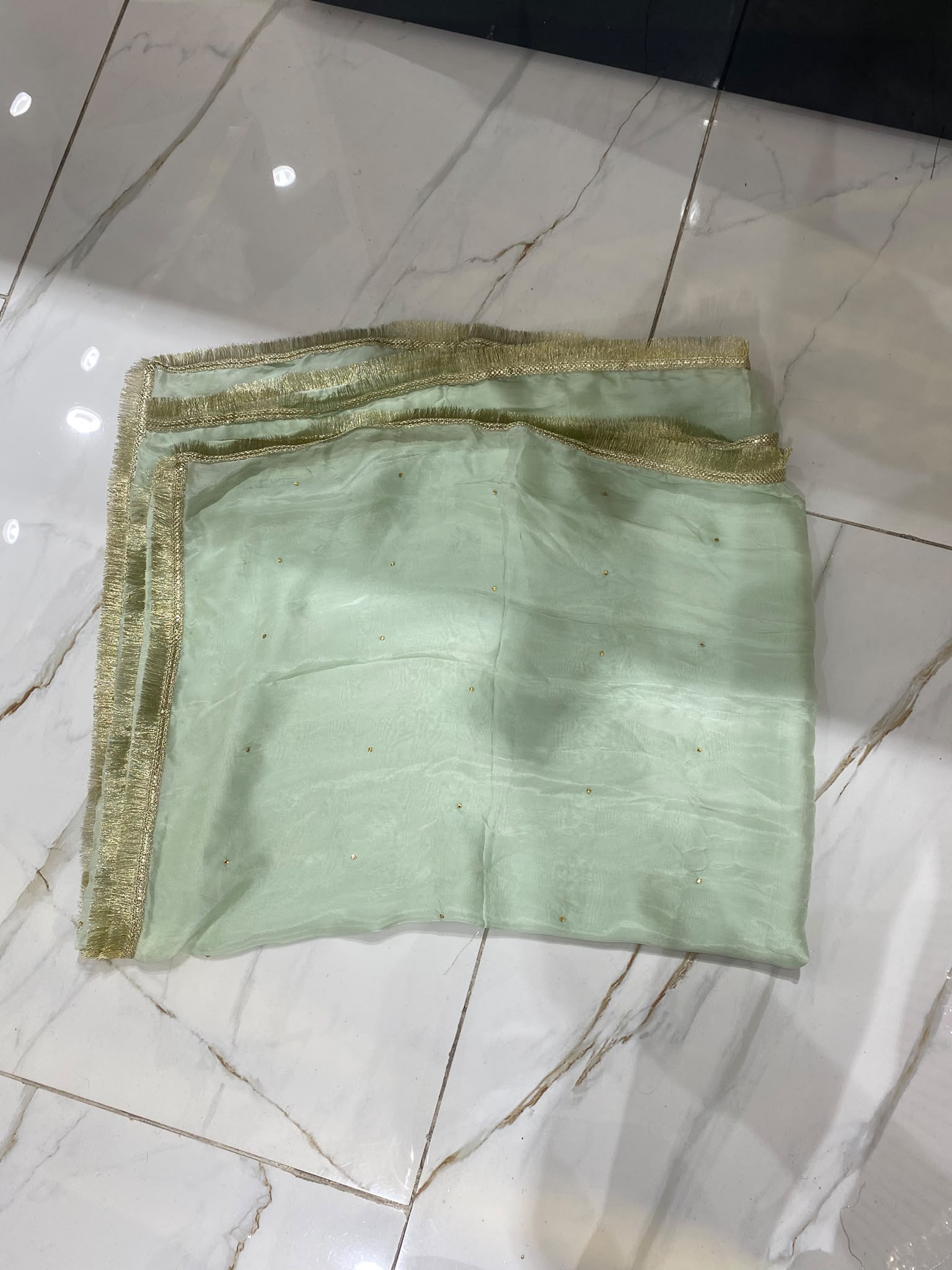 A pale mint ensemble with a decorative neckline, long embroidered…