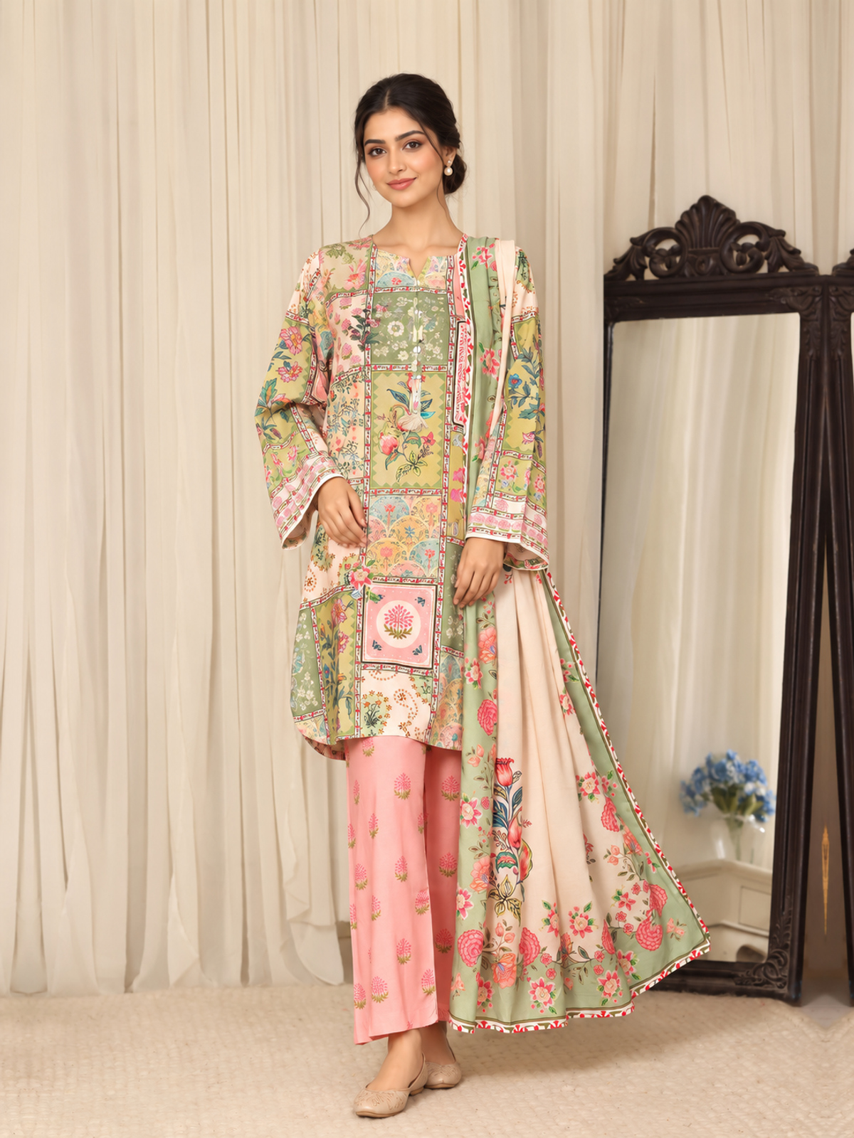A multicolour patchwork-style floral shirt with pink printed trousers…