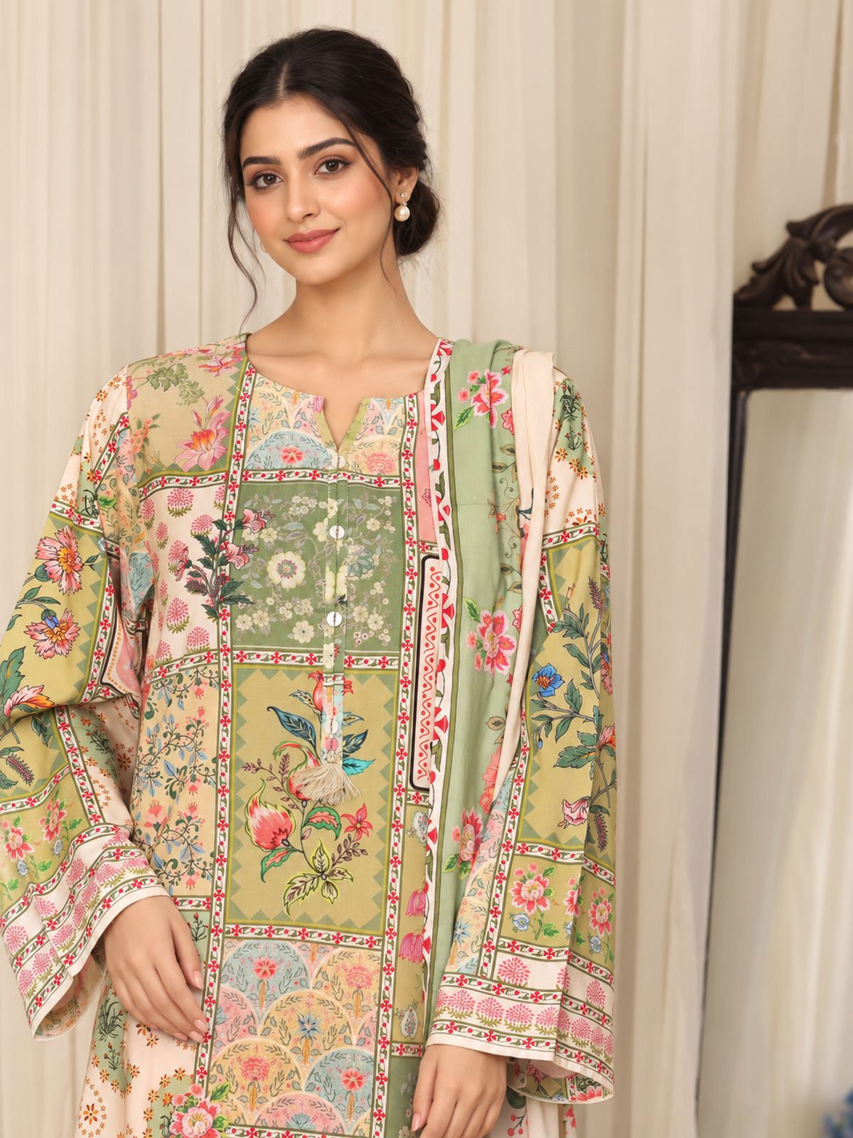 A multicolour patchwork-style floral shirt with pink printed trousers…
