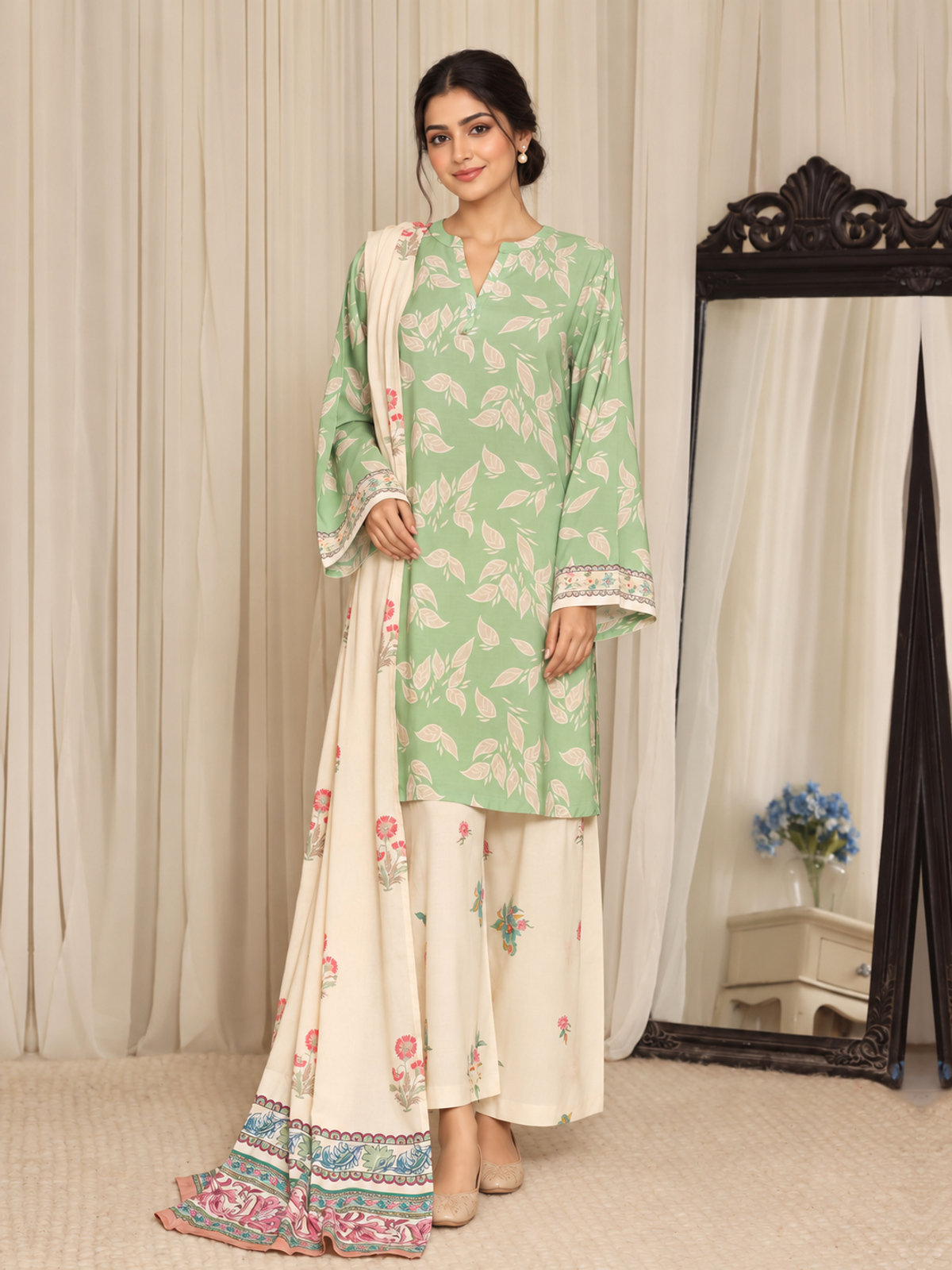A sage-green shirt with pale botanical motifs, cream floral trousers…