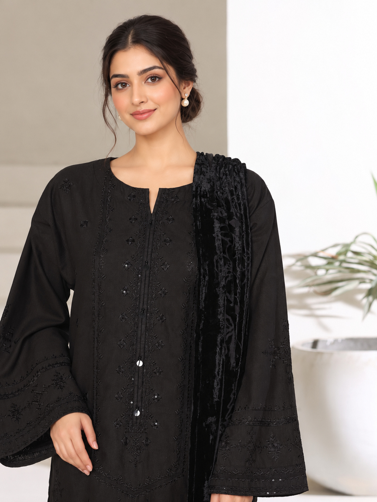 A black ensemble with tonal embroidery, matching trousers and a black…
