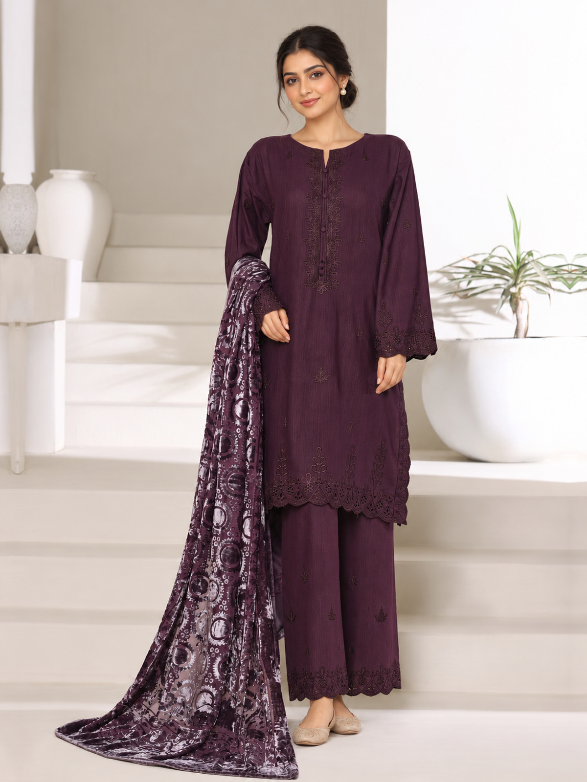 A plum ensemble with tonal floral embroidery, matching trousers and a…