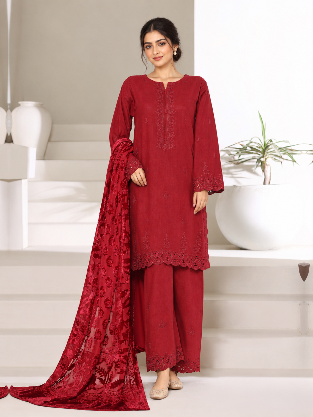 A deep-red ensemble with tonal floral embroidery, matching trousers…