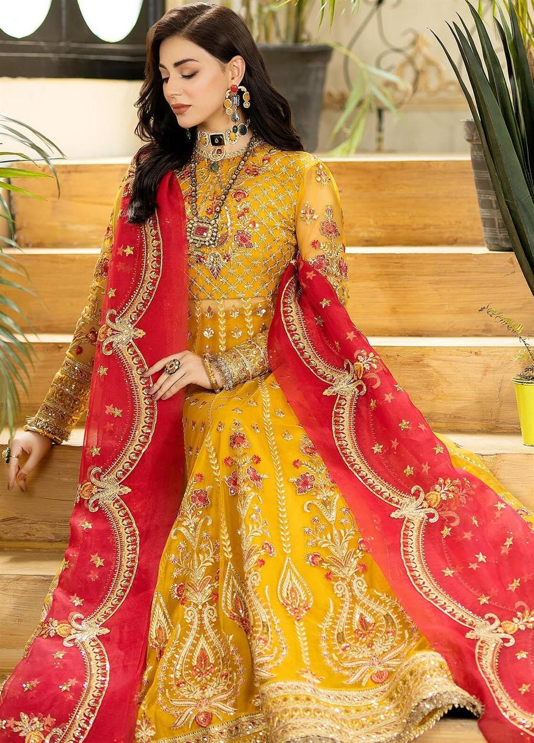 Embroidered Wedding Dress in Net Frock Style