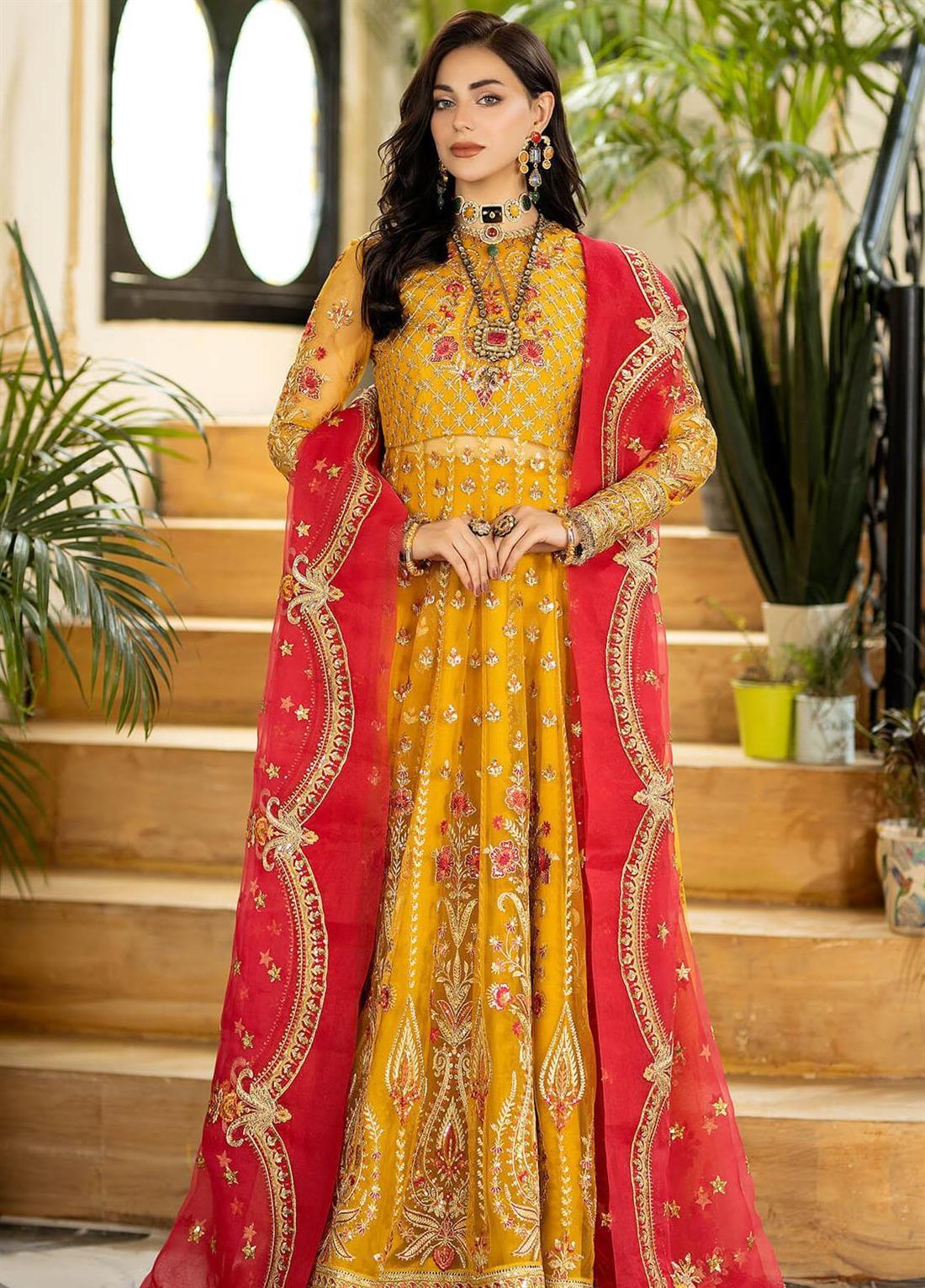 Embroidered Wedding Dress in Net Frock Style