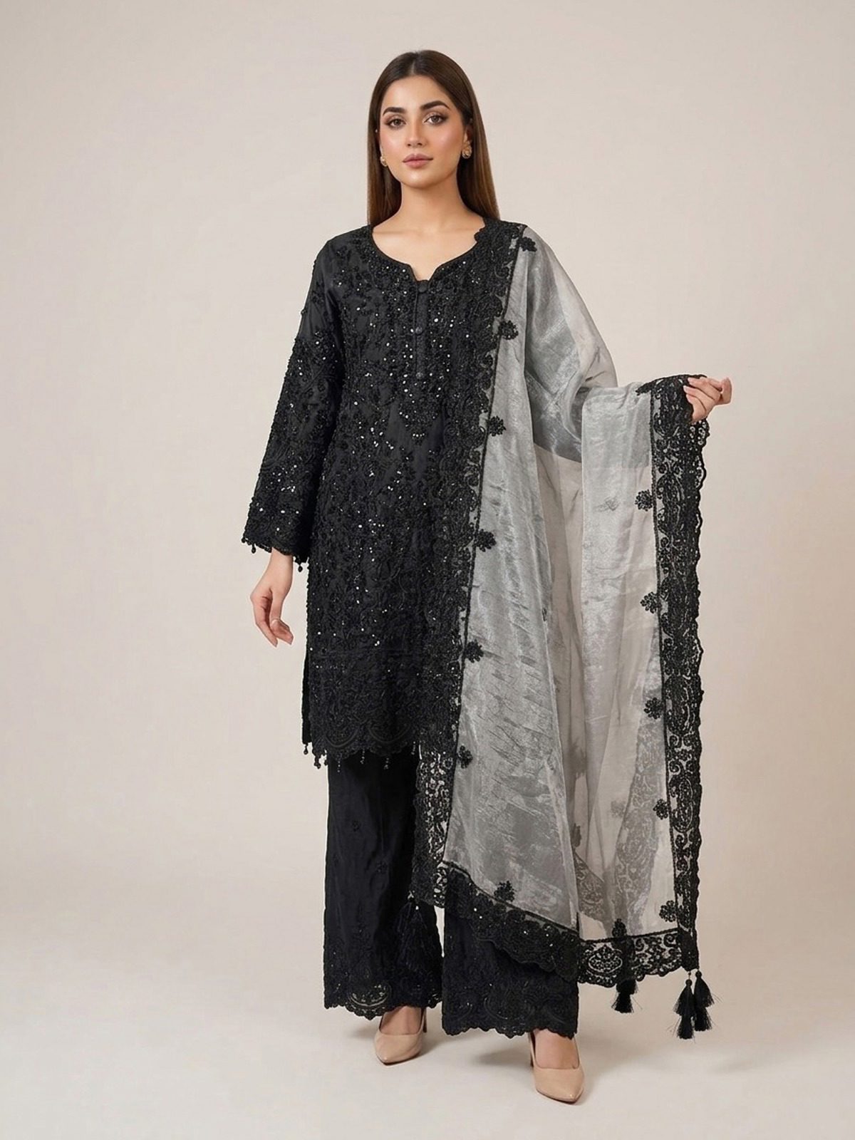 3pc premium embroidery dress with embroided dupatta and plazo