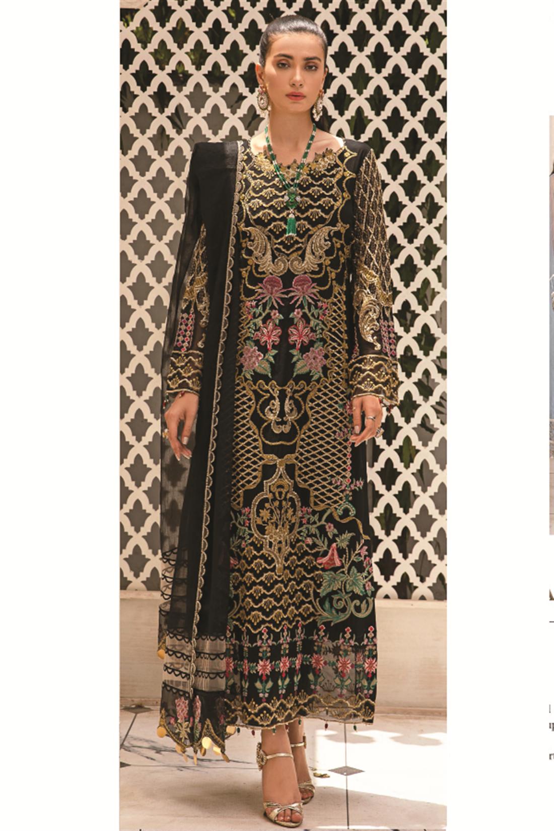 Baroque Embroidered Chiffon Dress in Black Color