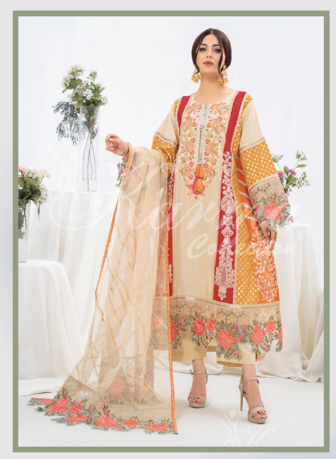 Beautifully Embroidered Cotton Outfit with Net Dupatta. There is embro