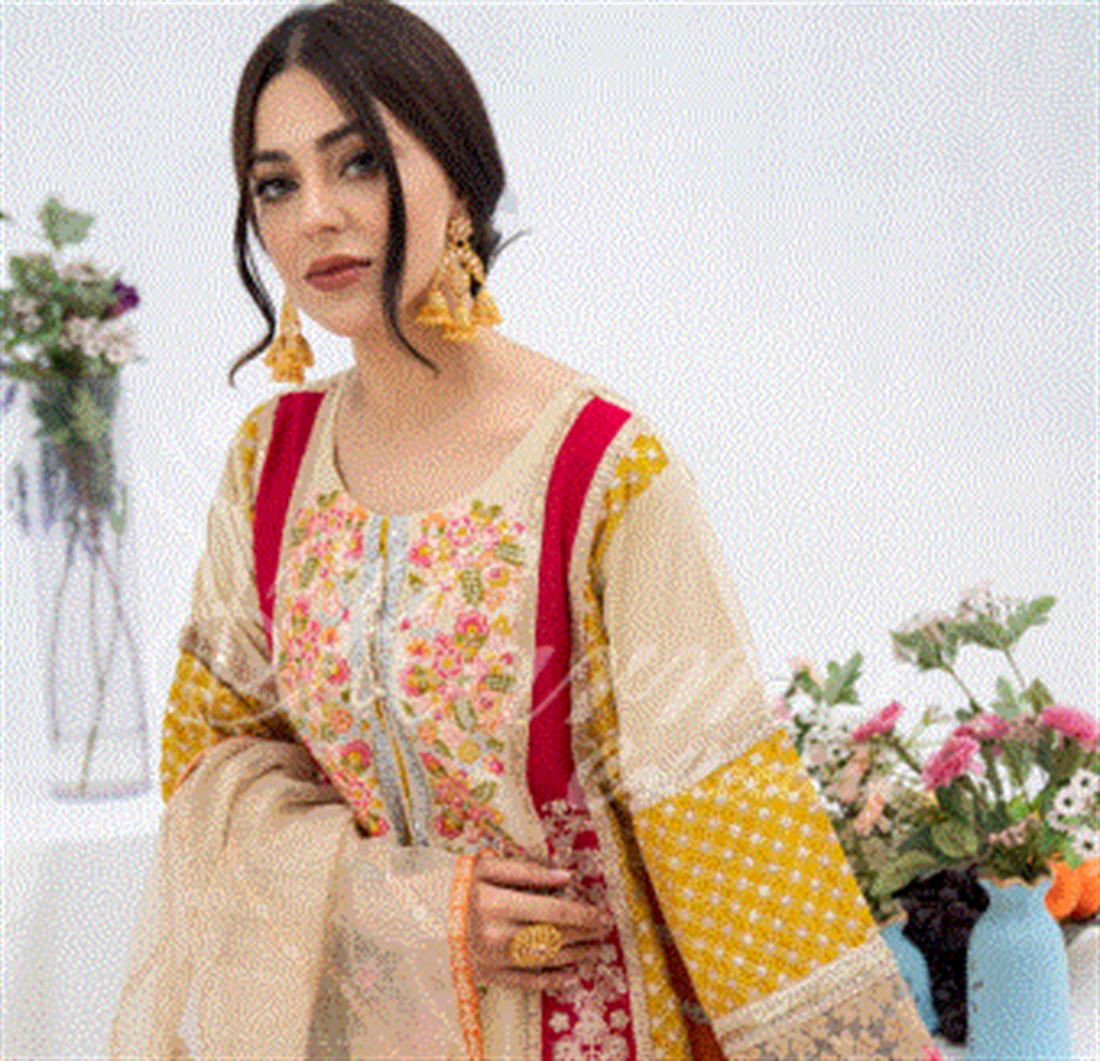 Beautifully Embroidered Cotton Outfit with Net Dupatta. There is embro