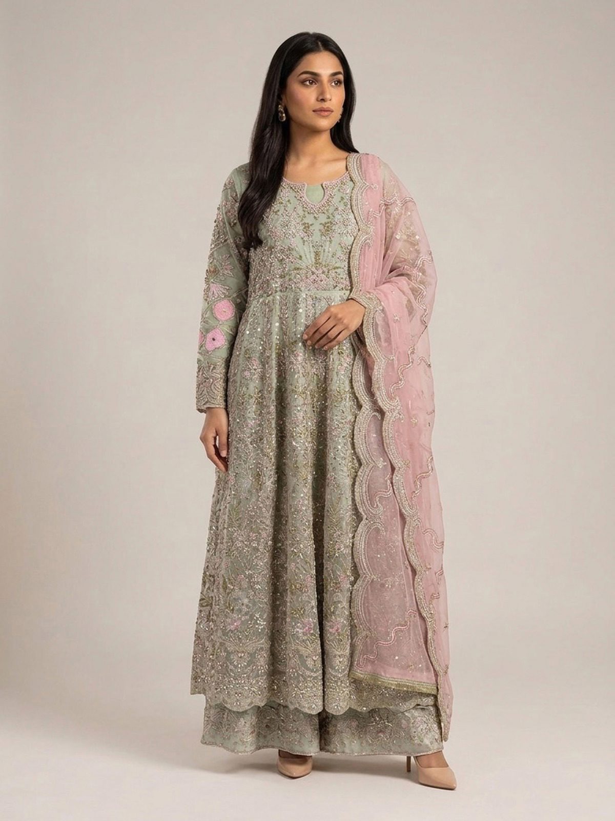 3pc maxi with embroided dupatta