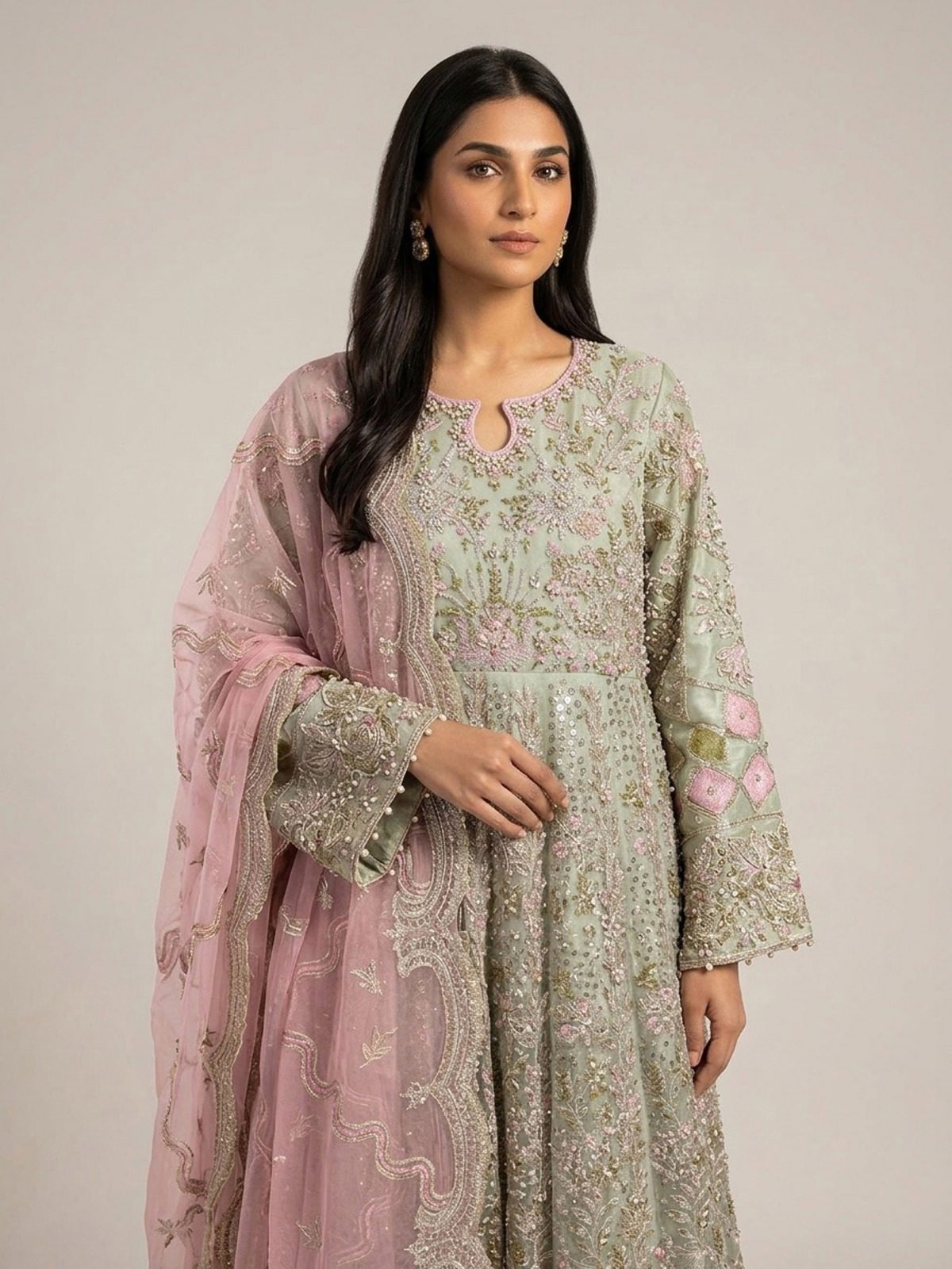 3pc maxi with embroided dupatta