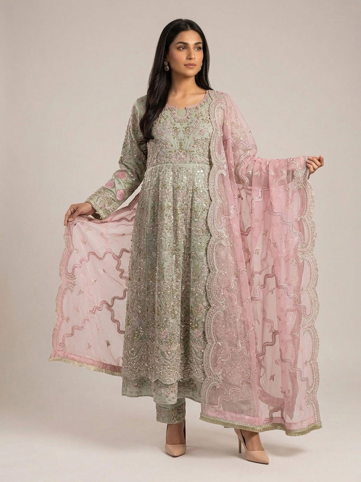 3pc maxi with embroided dupatta