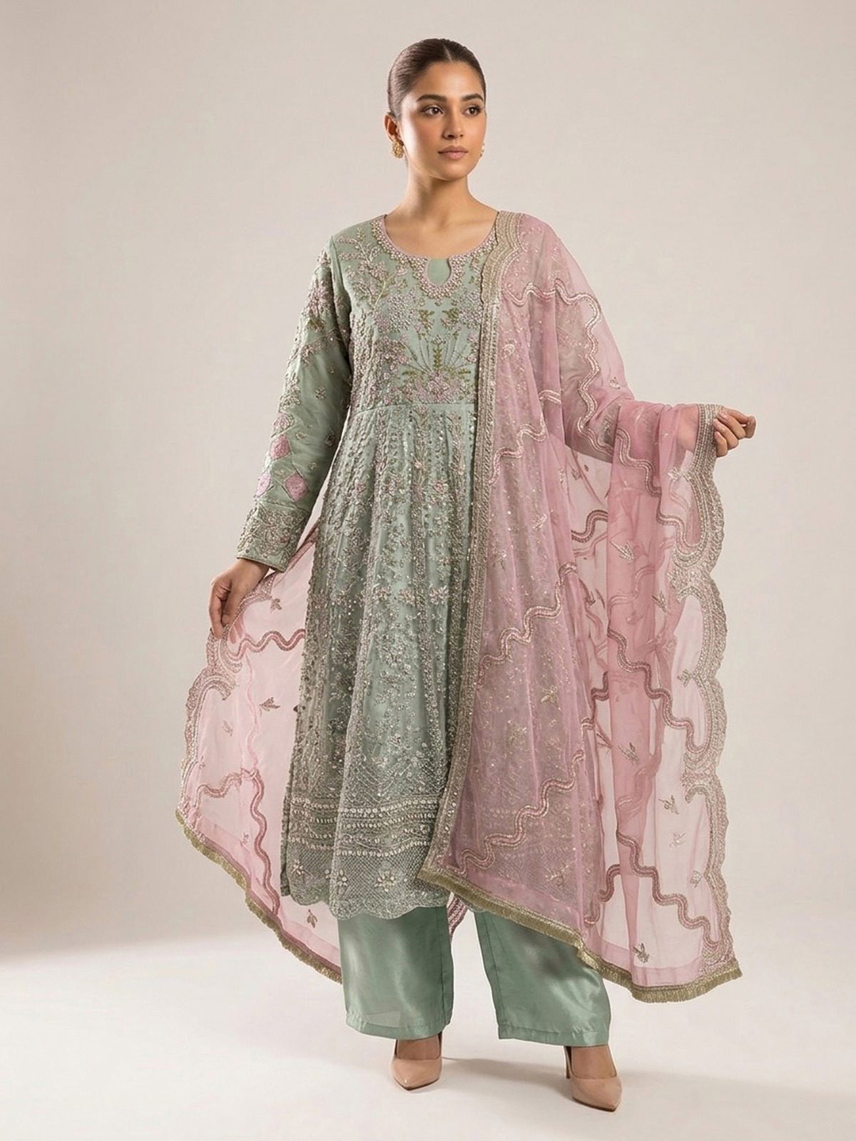 3pc maxi with embroided dupatta