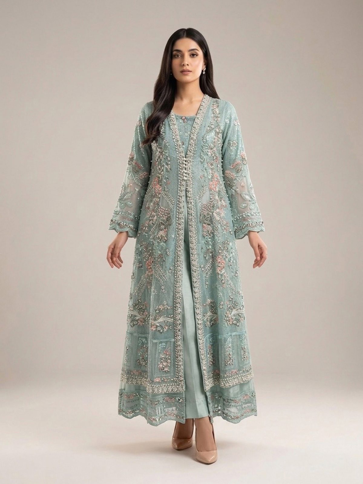3pc maxi with embroided dupatta