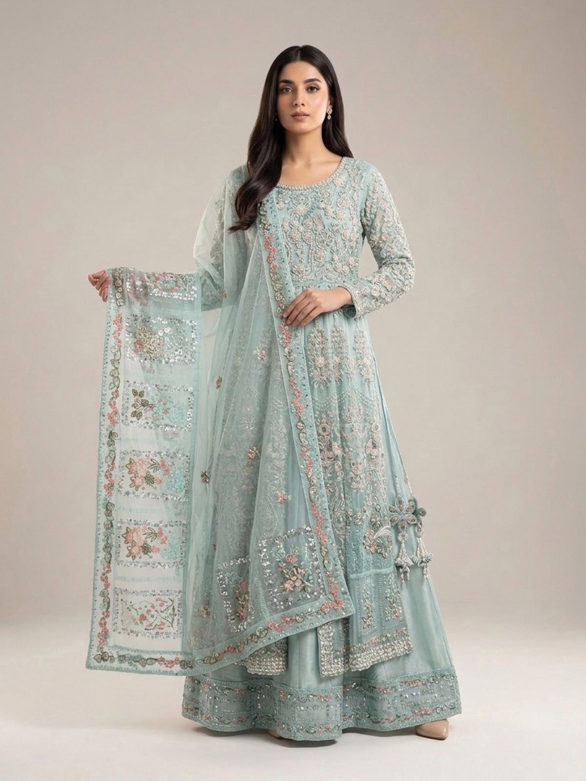 3pc maxi with embroided dupatta
