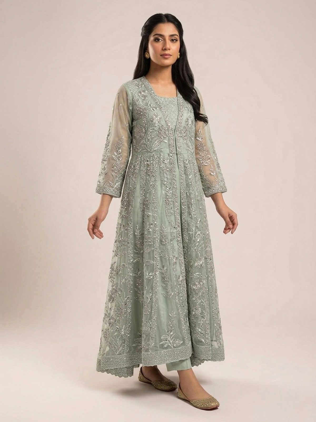 3pc maxi with embroided dupatta